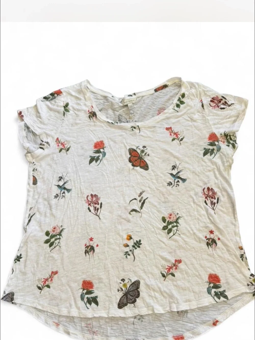 Lucky Brand White Short Sleeve Tee with Floral & Butterfly Print - Picture 1 of 6